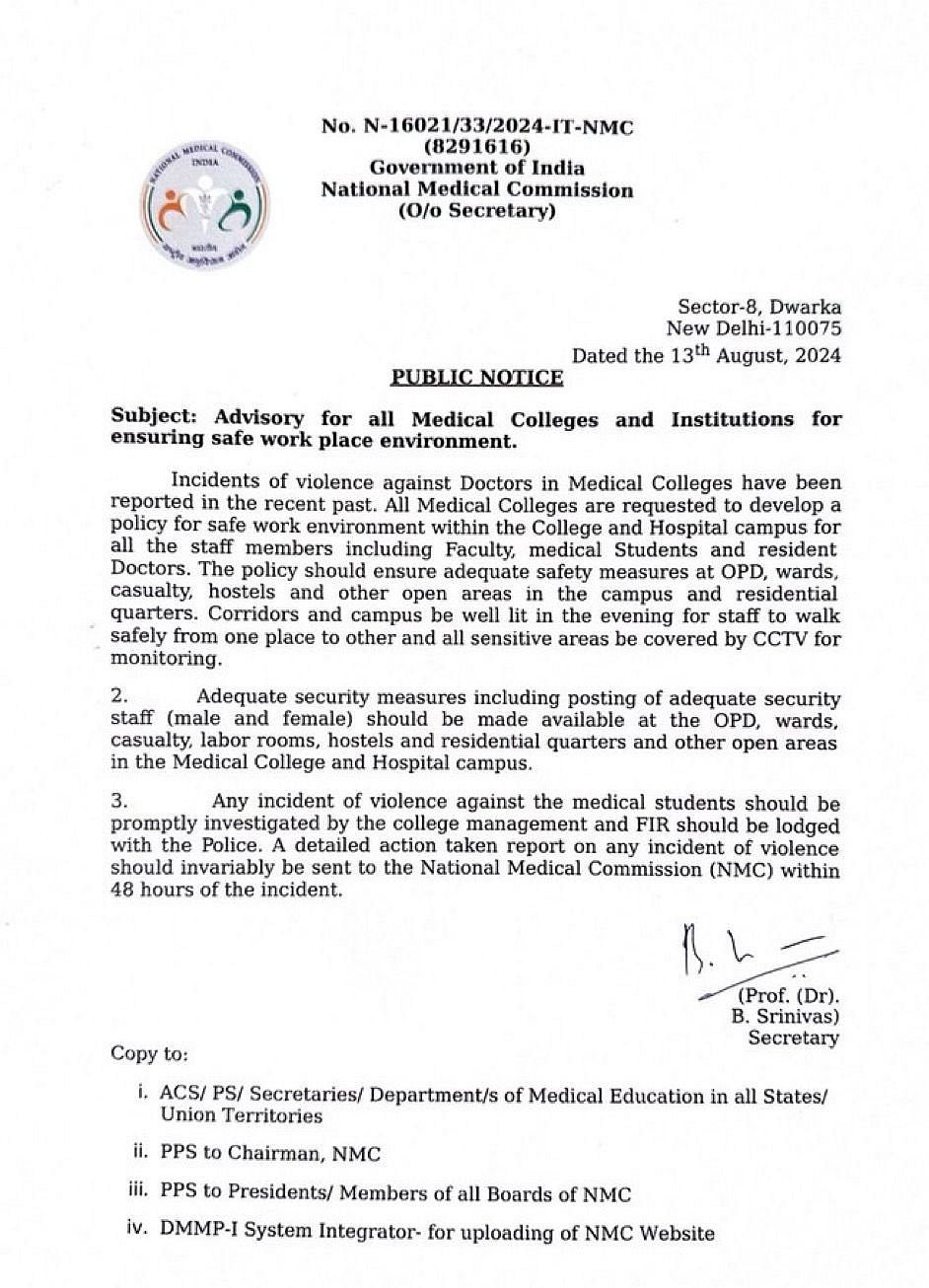 National Medical Commission advisory on ensuring safe workplace environment